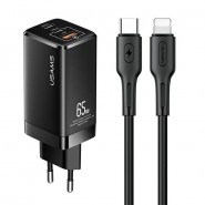 Stenski polnilni adapter Usams "MT" s QC3.0, 65W PD, GaN tehnologijami, z USB-A in dvema USB-C izhodoma ter USB-C v Lightning kablom - črn Stenski polnilni adapter Usams "MT" s QC3.0, 65W PD, GaN tehnologijami, z USB-A in dvema USB-C izhodoma ter USB-C v Lightning kablom - črn