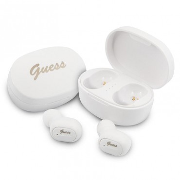Earbuds brezžične Bluetooth slušalke Guess "Logo Script" s prenosno polnilno postajo - bele