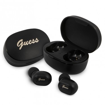 Earbuds brezžične Bluetooth slušalke Guess "Logo Script" s prenosno polnilno postajo - črne