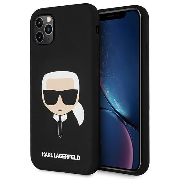 Originalen silikonski ovitek Karl Lagerfeld za iPhone 11 Pro Max "Karls Head" - črn