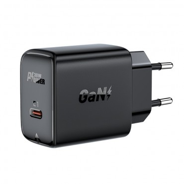 Stenski polnilni adapter Acefast "GaN Power" 30W s PD, QC 3.0 in GaN tehnologijo ter USB-C izhodom - črn