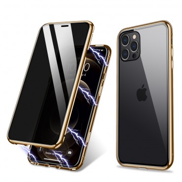 Magnetni full-body ovitek za iPhone 12 / iPhone 12 Pro "Stronghold Dark" z zatemnjenim privacy steklom - zlate barve