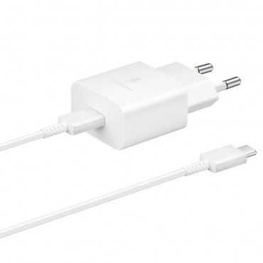 Originalen stenski polnilec Samsung T1510XWEGEU 15W z USB-C izhodom ter polnilni in podatkovni kabel Samsung EP-DA705BWEGWW USB-C v USB-C 2A - bel