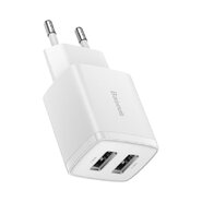 Polnilec za telefon Baseus "Compact Charger" - stenski polnilec z dvema USB vhodoma 10.5W - bel Polnilec za telefon Baseus "Compact Charger" - stenski polnilec z dvema USB vhodoma 10.5W - bel