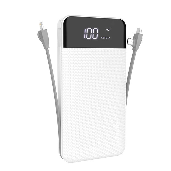 Power bank Dudao "Force" - prenosna baterija z vgrajenimi USB-C, Micro USB in Lightning kabli - 10000 mAh - bel