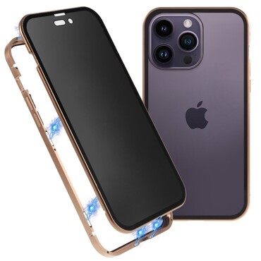 Magnetni full-body ovitek za iPhone 14 Pro "Stronghold Dark" z zatemnjenim privacy steklom - zlate barve