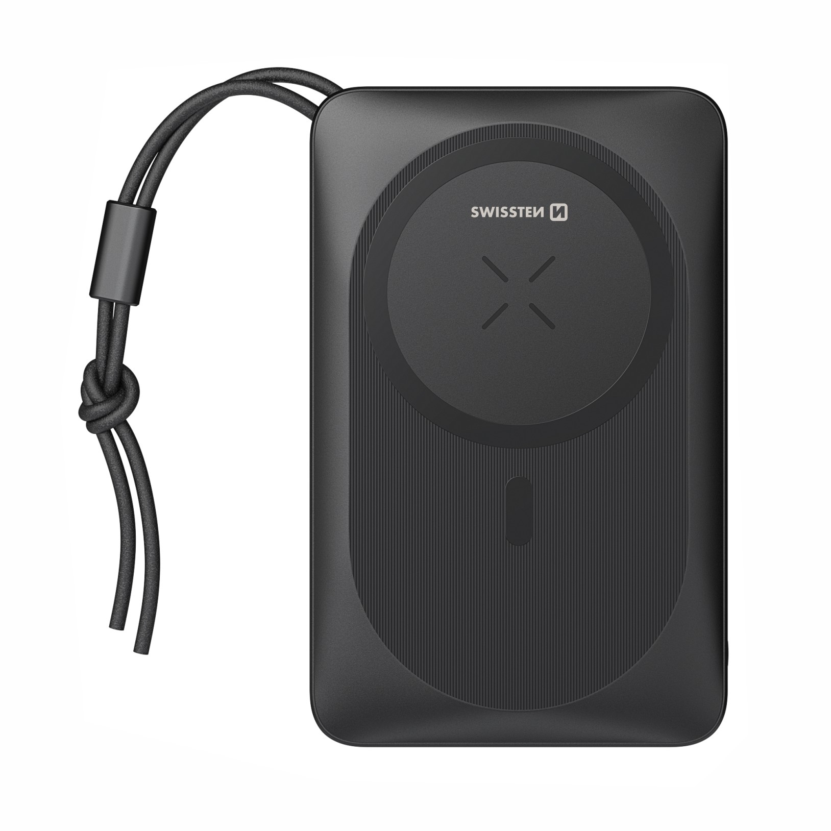 Power bank Swissten - prenosna baterija z Magsafe tehnologijo za brezžično polnjenje in USB-C in USB-A polnilnima izhodoma - 10000 mAh - črn