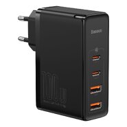 Stenski polnilni adapter Baseus "GaN2 Pro Quick Travel Charger" 100W z dvema USB-A in dvema USB-C izhodoma ter priloženim USB-C kablom - črn
