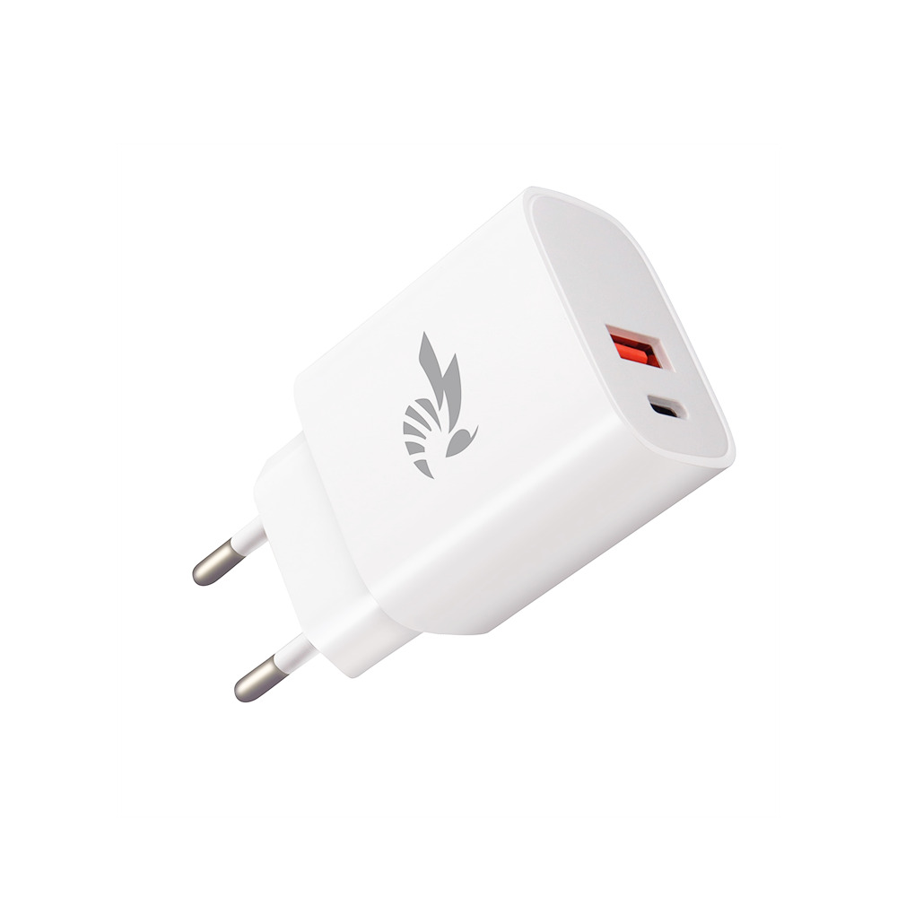 Stenski polnilec BeePower "Dual Fast Charge 20W" - z USB-C PD in USB-A QC 3.0 izhodoma - bel