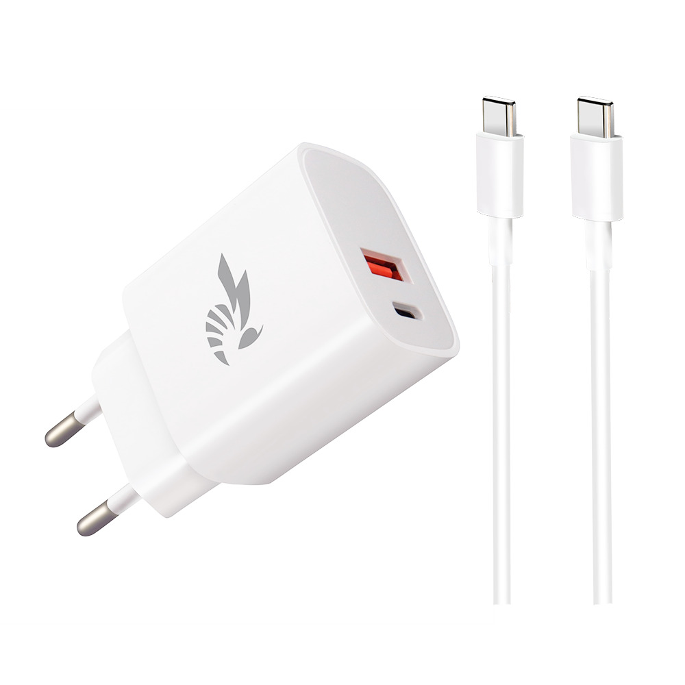 Stenski polnilec BeePower "Dual Fast Charge 20W" - z USB-C PD in USB-A QC 3.0 izhodoma ter priloženim USB-C v USB-C kablom - 1m - bel