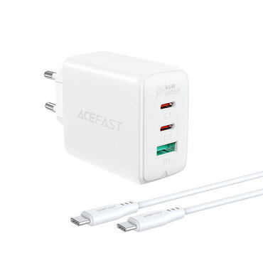 Polnilec za telefon Acefast "Triple Power" - stenski polnilec s PD, QC 3.0, AFC, FCP standardi polnjenja 65W, z dvema USB-C in enim USB izhodom, s priloženim USB-C v USB-C polnilnim in podatkovnim kablom - bel Polnilec za telefon Acefast "Triple Power" - stenski polnilec s PD, QC 3.0, AFC, FCP standardi polnjenja 65W, z dvema USB-C in enim USB izhodom, s priloženim USB-C v USB-C polnilnim in podatkovnim kablom - bel