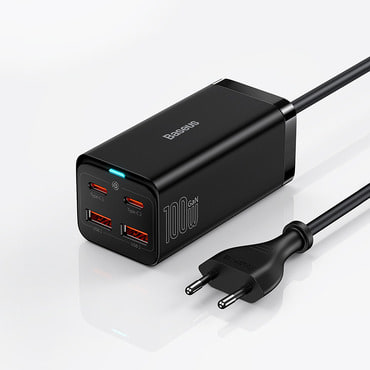 Stenski polnilni adapter Baseus "GAN3 Pro 100W" z USB-A in USB-C izhodi ter priloženim USB-C kablom - črn Stenski polnilni adapter Baseus "GAN3 Pro 100W" z USB-A in USB-C izhodi ter priloženim USB-C kablom - črn