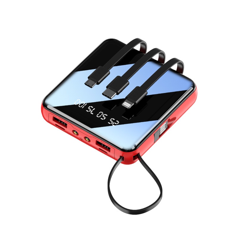 Rezervna baterija PocketLine: Power bank s kabli in 3 konektorji za polnjenje vseh naprav - 10000 mAh - mirror red