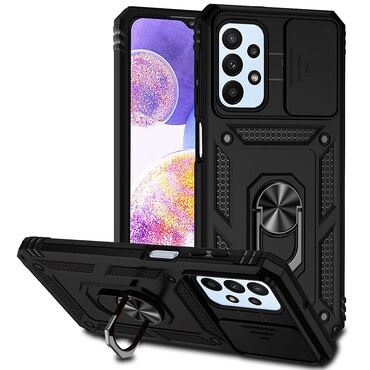 Oklepni ovitek MaX-Armor z obročem, kovinsko ploščico in zaščito zadnjih kamer za Samsung Galaxy A23 - army black