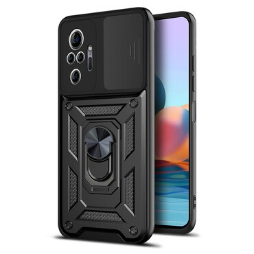 Oklepni ovitek MaX-Armor z obročem, kovinsko ploščico in zaščito zadnjih kamer za Xiaomi Redmi Note 10 Pro - army black