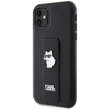 Originalen ovitek Karl Lagerfeld "Karl and Choupette Gripstand" Saffiano za iPhone 11 s stojalom - črn