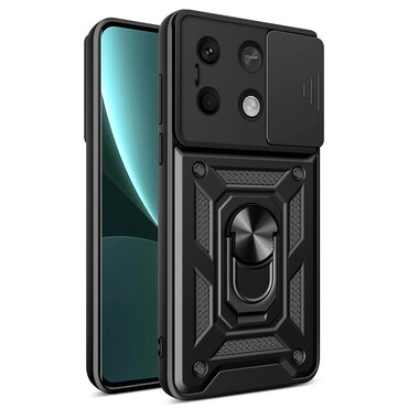 Oklepni ovitek MaX-Armor z obročem, kovinsko ploščico in zaščito zadnjih kamer za Xiaomi Redmi Note 13 5G - army black