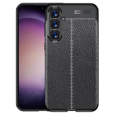 Eleganten gel ovitek Elite Guard z usnjeno teksturo in zaščito robov za Samsung Galaxy S23 FE - obsidian black