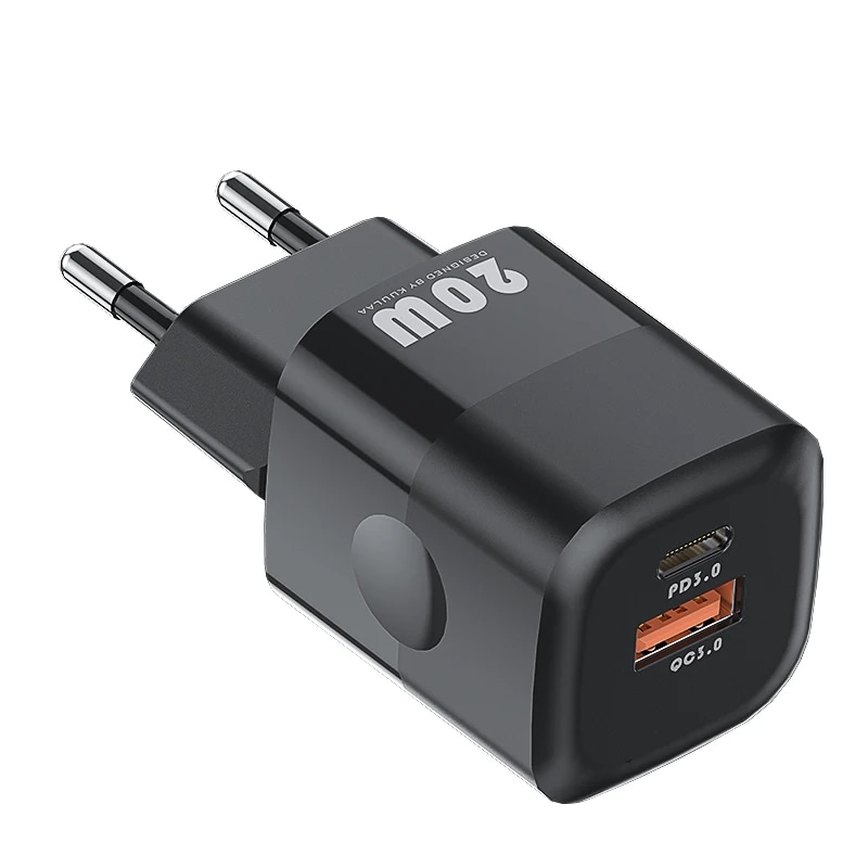 Stenski polnilec MiniGaN 20W - z GaN tehnologijo in dvema izhodoma - USB-C PD 3.0 in USB-A QC 3.0 - onyx black