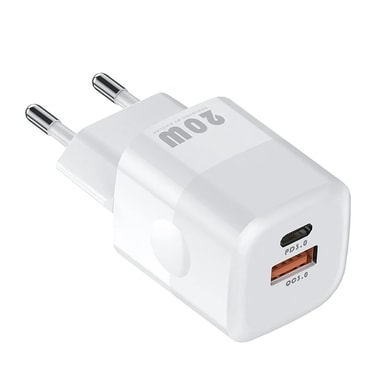 Stenski polnilec MiniGaN 20W - z GaN tehnologijo in dvema izhodoma - USB-C PD 3.0 in USB-A QC 3.0 - frost white