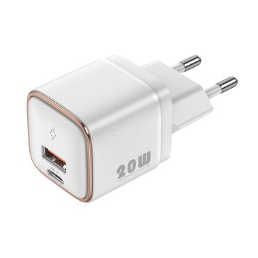 Mini stenski polnilec NanoGold 20W - z GaN tehnologijo, dvema izhodoma USB-C in USB-A ter standardi PD, QC 3.0 - golden white