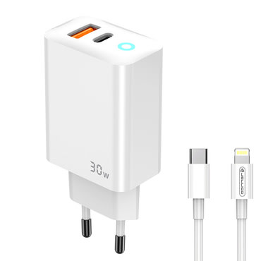 Stenski polnilec Twin-GaN 30W - z USB-C in USB-A izhodoma, standardi hitrega polnjenja ter z GaN tehnologijo - Več kombinacij! Stenski polnilec Twin-GaN 30W - z USB-C in USB-A izhodoma, standardi hitrega polnjenja ter z GaN tehnologijo - Več kombinacij!