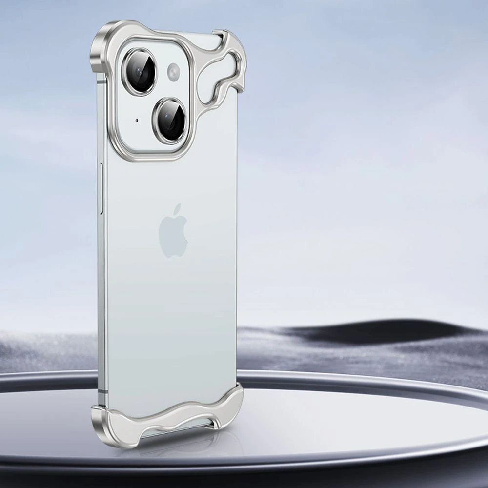Minimalističen ovitek Naked Metal z alu zaščito robov in steklom za zadnje kamere za iPhone 14 - titanium silver