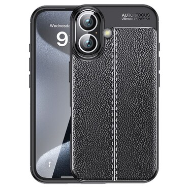 Eleganten gel ovitek Elite Guard z usnjeno teksturo in zaščito robov za iPhone 16 - obsidian black