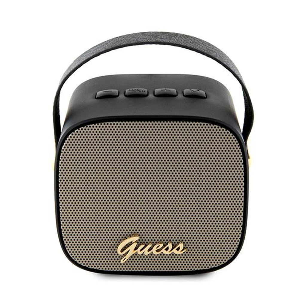 Premium bluetooth zvočnik Guess "Script Logo" z usnjenim trakom za lažje prenašanje - črn