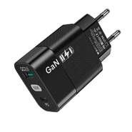 Stenski polnilni adapter Techsuit "CHPD131" GaN, z USB-A in USB-C izhodoma 65W - črn