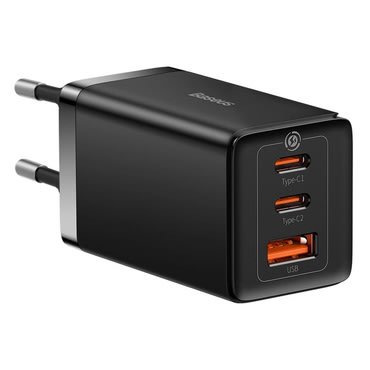 Stenski polnilni adapter Baseus, z GaN5 Pro tehnologijo, 1x USB-A in 2x USB-C izhodoma 65W - črn Stenski polnilni adapter Baseus, z GaN5 Pro tehnologijo, 1x USB-A in 2x USB-C izhodoma 65W - črn