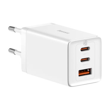 Stenski polnilni adapter Baseus, z GaN5 Pro tehnologijo in USB-C kablom 100W - USB-A in 2x USB-C izhodoma 65W - bel