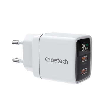Stenski polnilni adapter Choetech "PD6051", z GaN tehnologijo, dvema USB-C izhodoma in prikazom moči polnjenja 35W - bel