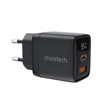 Stenski polnilni adapter Choetech "PD6051", z GaN tehnologijo, dvema USB-C izhodoma in prikazom moči polnjenja 35W - črn Stenski polnilni adapter Choetech "PD6051", z GaN tehnologijo, dvema USB-C izhodoma in prikazom moči polnjenja 35W - črn