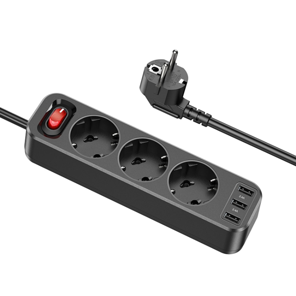Električni razdelilec Hoco "NS2" - razdelilna letev s tremi vtičnicami in tremi USB-C polnilnimi režami - črn