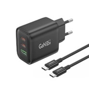 Stenski polnilec Foneng "GaN10" s PD 65W, dvema USB-C izhodoma in USB QC3.0 izhodom za hitro polnjenje - GaN polnilec + USB-C kabel 1m - črn