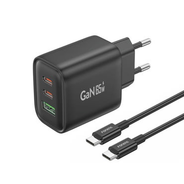 Stenski polnilec Foneng "GaN10" s PD 65W, dvema USB-C izhodoma in USB QC3.0 izhodom za hitro polnjenje - GaN polnilec + USB-C kabel 1m - črn