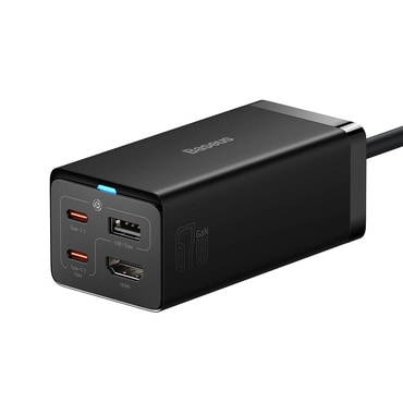 Stenski polnilni adapter Baseus "GAN5 Pro 67W" s HDMI, USB-A in 2x USB-C izhodi ter priloženim USB-C kablom - črn Stenski polnilni adapter Baseus "GAN5 Pro 67W" s HDMI, USB-A in 2x USB-C izhodi ter priloženim USB-C kablom - črn