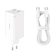 Stenski polnilni adapter Baseus z GaN6 Pro tehnologijo, 2x USB-A in 2x USB-C izhodoma 100W in priloženim kablom - bel