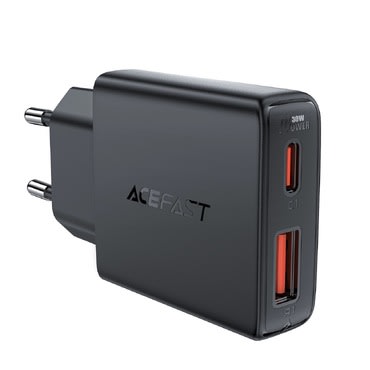Ultra tanek stenski polnilni adapter Acefast "A69", z GaN tehnologijo, 1x USB-A in 1x USB-C izhodoma 30W - črn