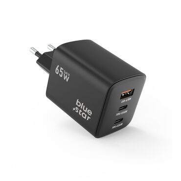 Stenski polnilni adapter Blue Star "VT-43" z GaN tehnologijo in PD 4.0, 1x USB-A in 2x USB-C izhodoma 65W - črn Stenski polnilni adapter Blue Star "VT-43" z GaN tehnologijo in PD 4.0, 1x USB-A in 2x USB-C izhodoma 65W - črn