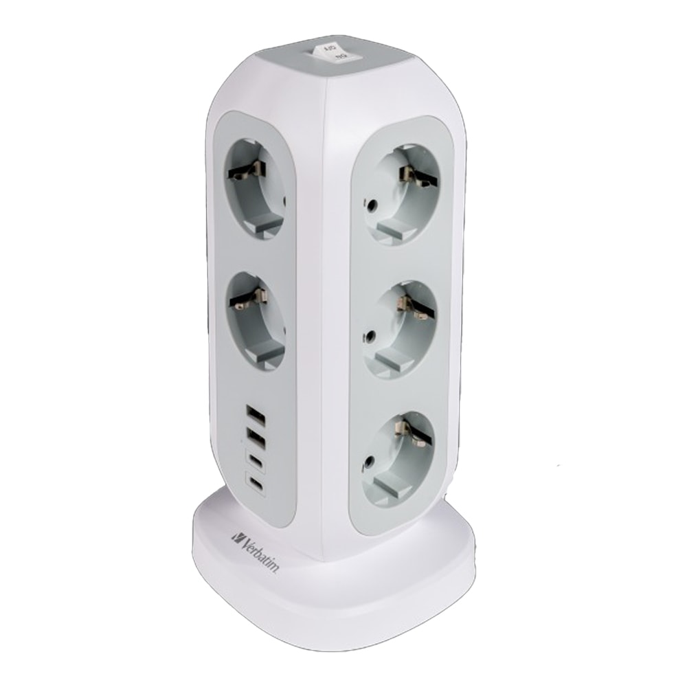15 v 1 pokončni električni razdelilec Verbatim "Power Tower" z enajstimi vtičnicami, 2x USB-C in 2x USB-A vhodi - 2m - bel