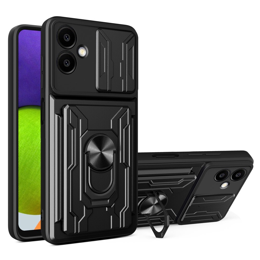 Oklepni ovitek MaX-Wallet z obročem, kovinsko ploščico, zaščito zadnjih kamer in prostorom za plačilno kartico za Samsung Galaxy A06 - army black