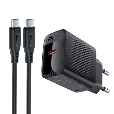 Premium stenski polnilni adapter Acefast "A82" z GaN tehnologijo, 1x USB-C izhodom in dodanim kablom 20W - črn