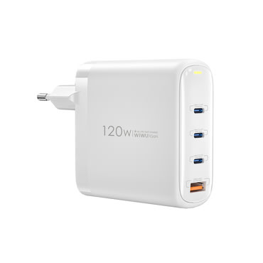 Stenski polnilec WIWU "U020" s tremi USB-C in enim USB-A vhodom, GaN 120W in QC 3.0 - bel