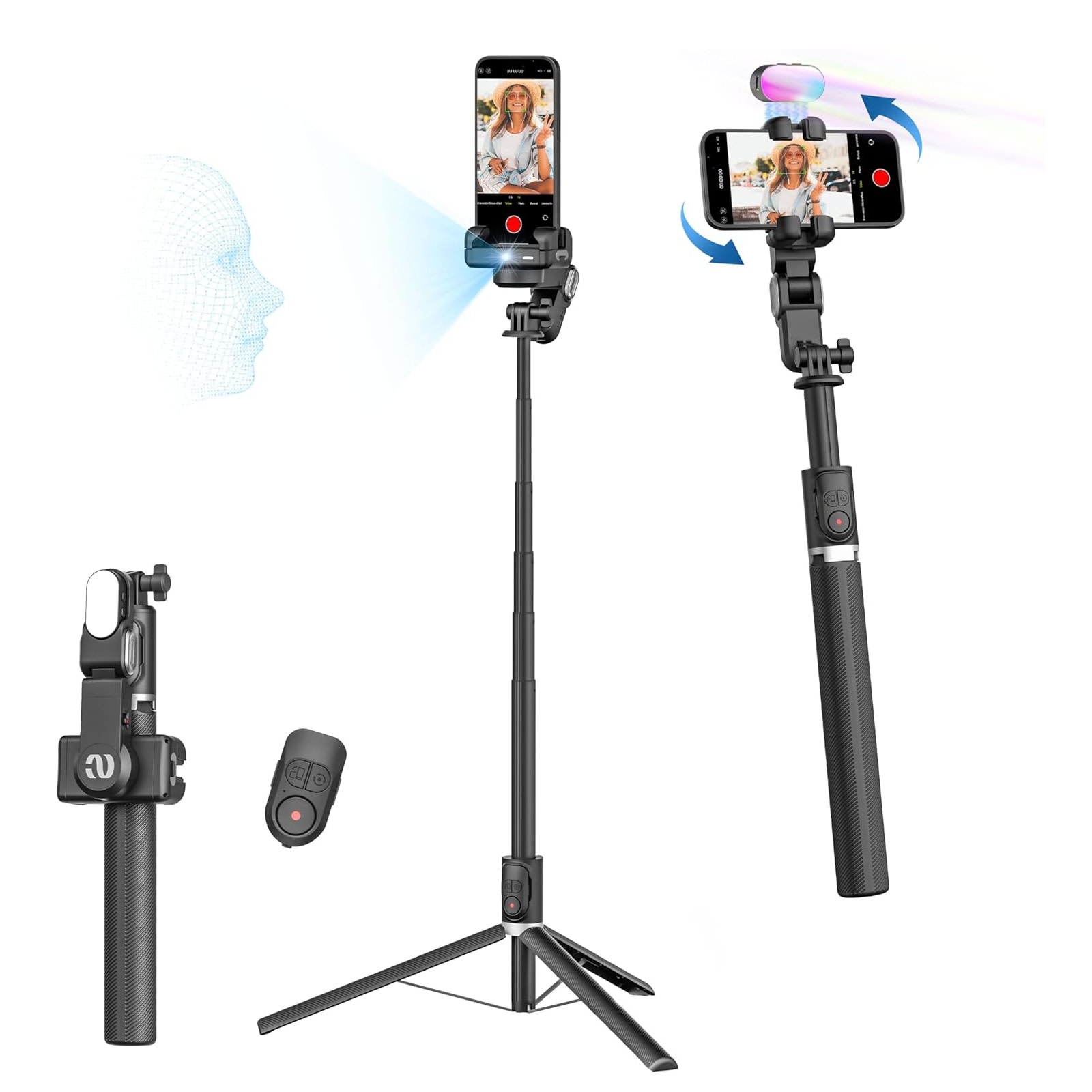 Gimbal stabilizator Smart M2 Pro - 1-osni AI 4v1 komplet z RGB lučko, daljinskim upravljanjem, tripod stojalom in selfie palico - 160cm - carbon black