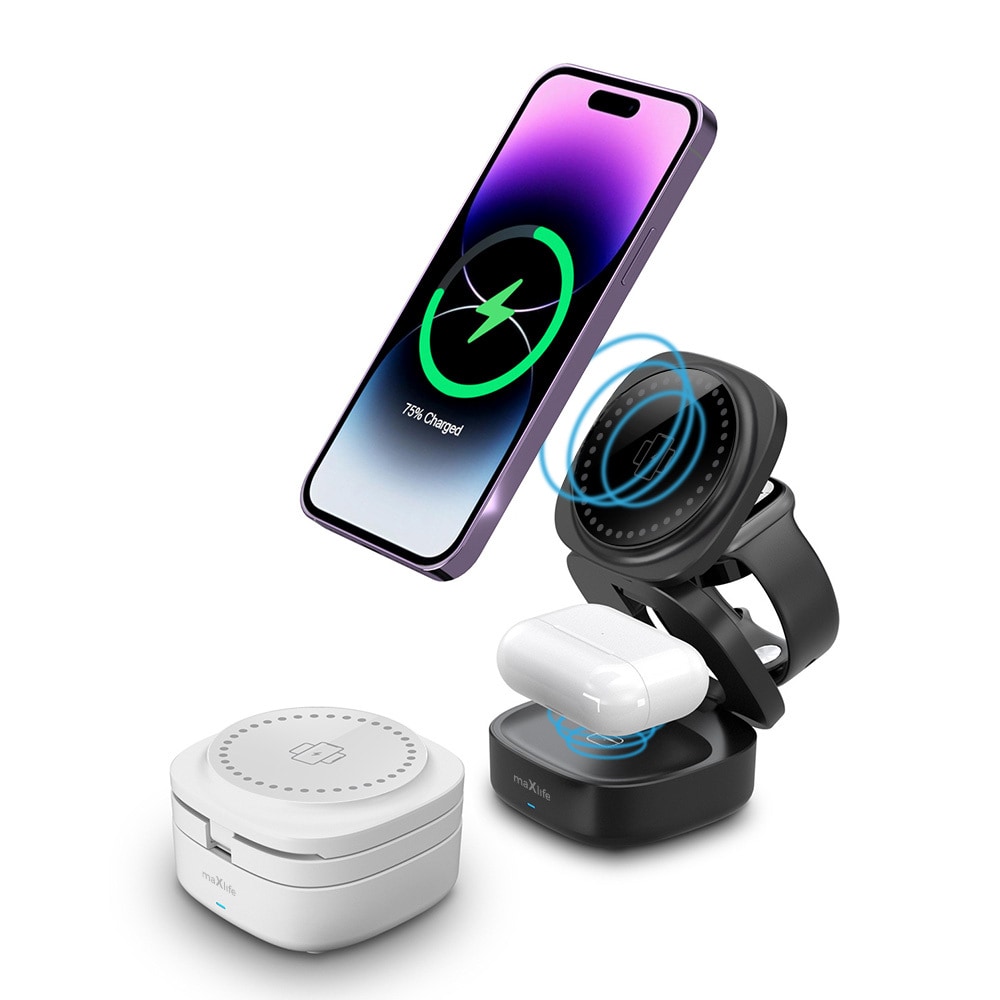 Brezžična polnilna postaja Maxlife 3 v 1 "MXWC-06" za MagSafe polnjenje Apple telefona, slušalk in ure - 15W - bela