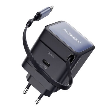 Premium 65W potovalni polnilni adapter z GaN tehnologijo Duzzona T10, z vgrajenim izvlečnim USB-C kablom - črn Premium 65W potovalni polnilni adapter z GaN tehnologijo Duzzona T10, z vgrajenim izvlečnim USB-C kablom - črn