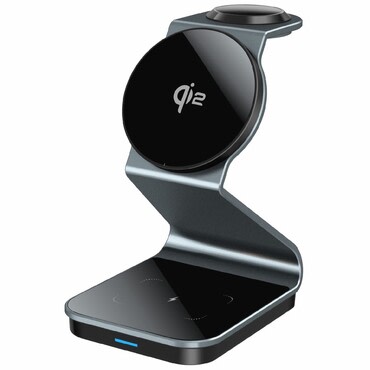 3v1 brezžična polnilna postaja MagDock Qi2 za polnjenje telefona, ure in slušalk 15W - metal black