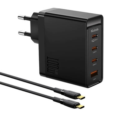 Stenski polnilec McDodo 100W z GaN tehnologijo in 3x USB-C + USB-A izhodi za polnjenje kar štirih naprav naenkrat + USB-C kabel 2m - črn